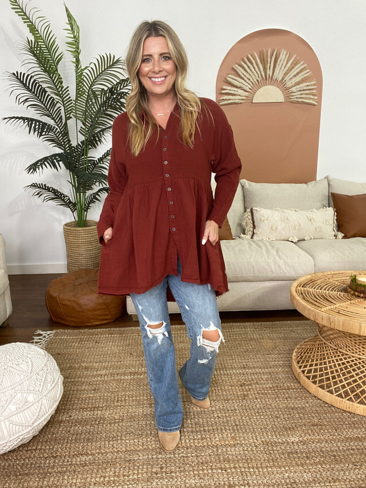 Peplum Raw Edge Shirt with Pockets
