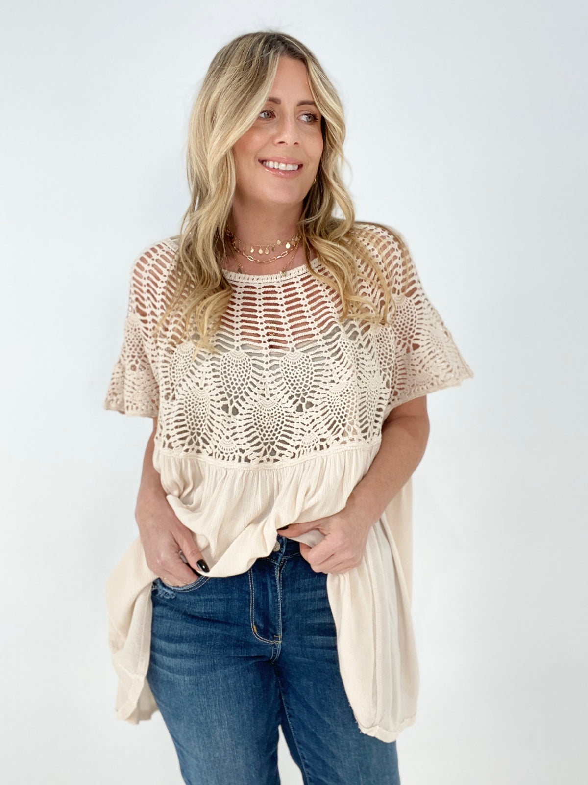 Oli & Hali Mineral Washed Crochet Detail Lace Top Dress