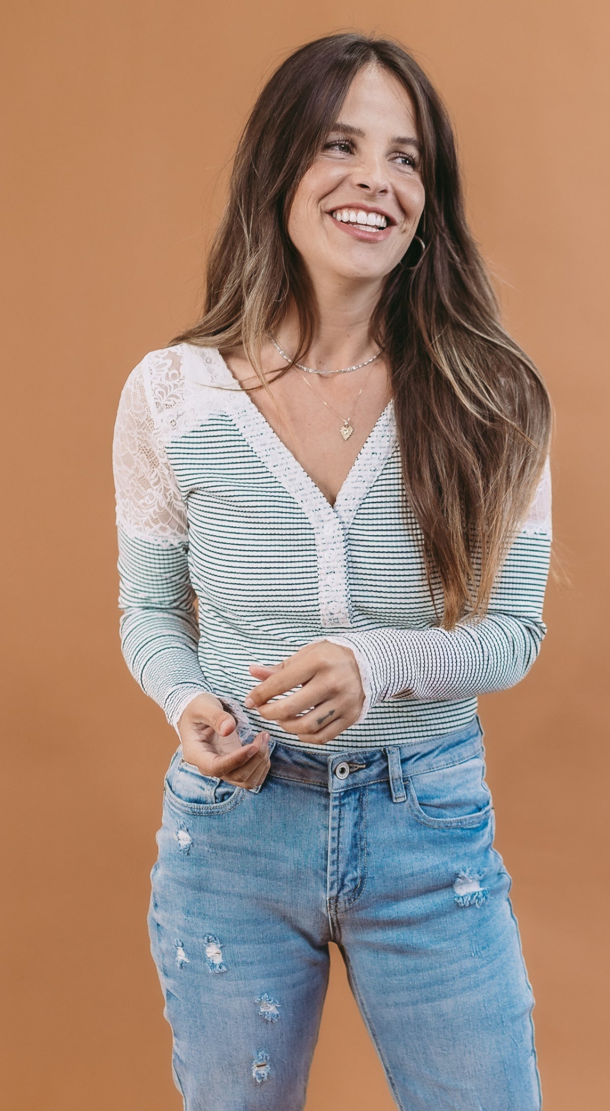 Long Sleeve Striped Bodysuit W/ Lace Trim