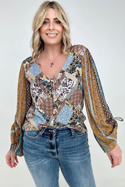 Floral Print Woven W/Stripe Ruched Sleeves Top