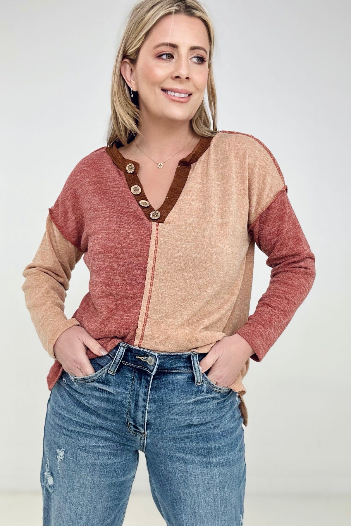 Color Block Faux Button Sweater