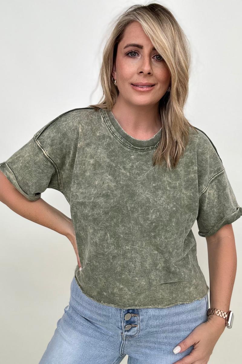 French Terry Acid Wash Raw Edge Crop Top - Multiple colors