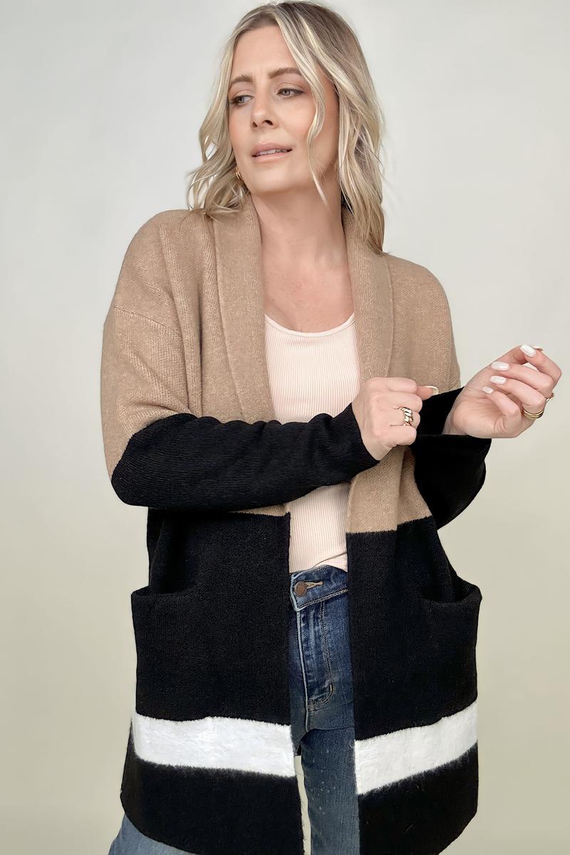 Latte Colorblock Cardigan With Patch Pockets