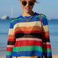 Rainbow Stripe Openwork Long Sleeve Cover-Up