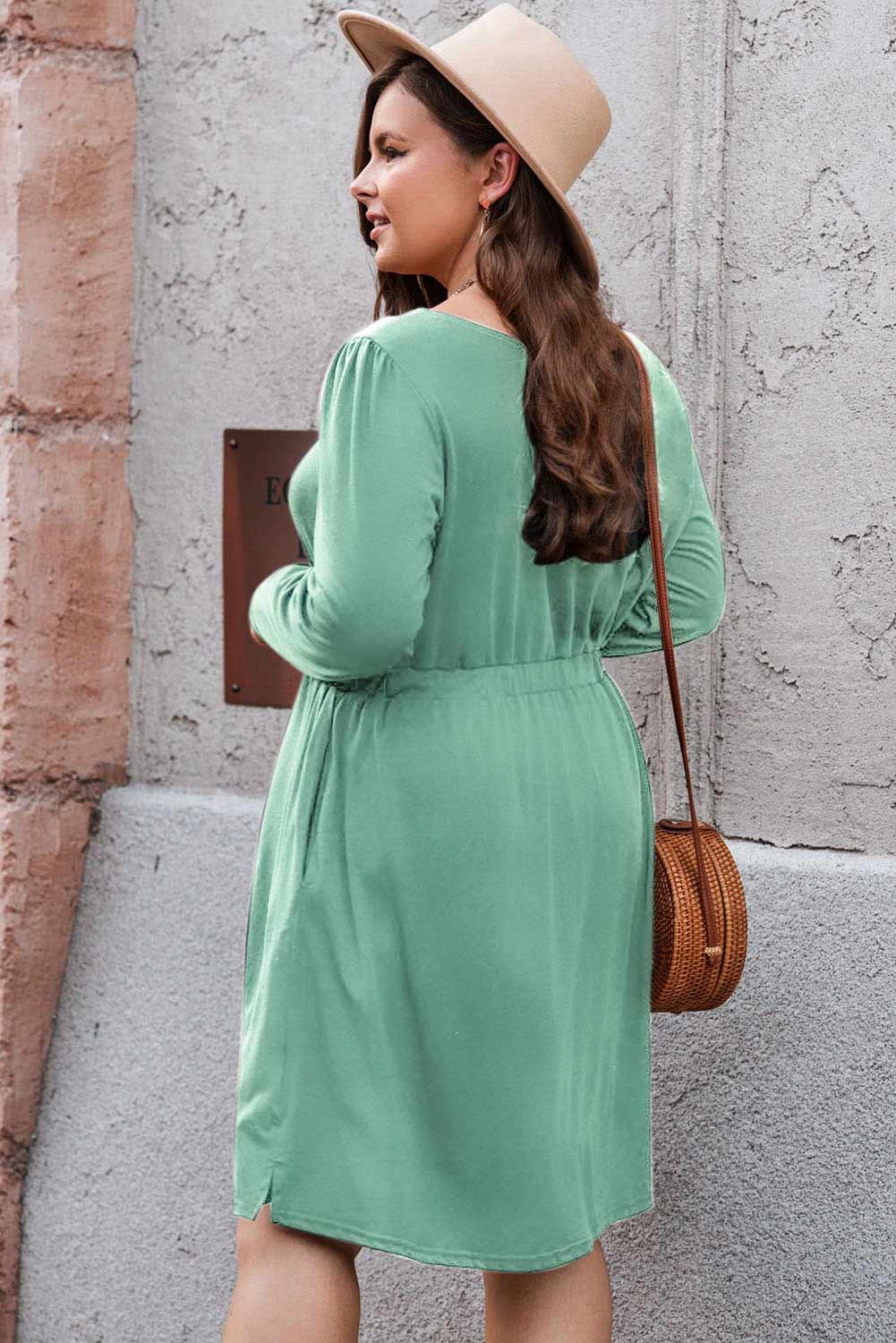 Plus Size Button Front Long Sleeve Dress - (Gray, Pink, Black and Green)