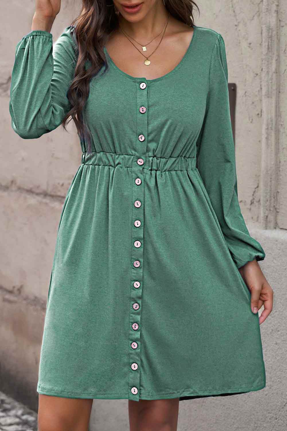 Scoop Neck Button Front Dress - (Black, Green, Gray and Blue)