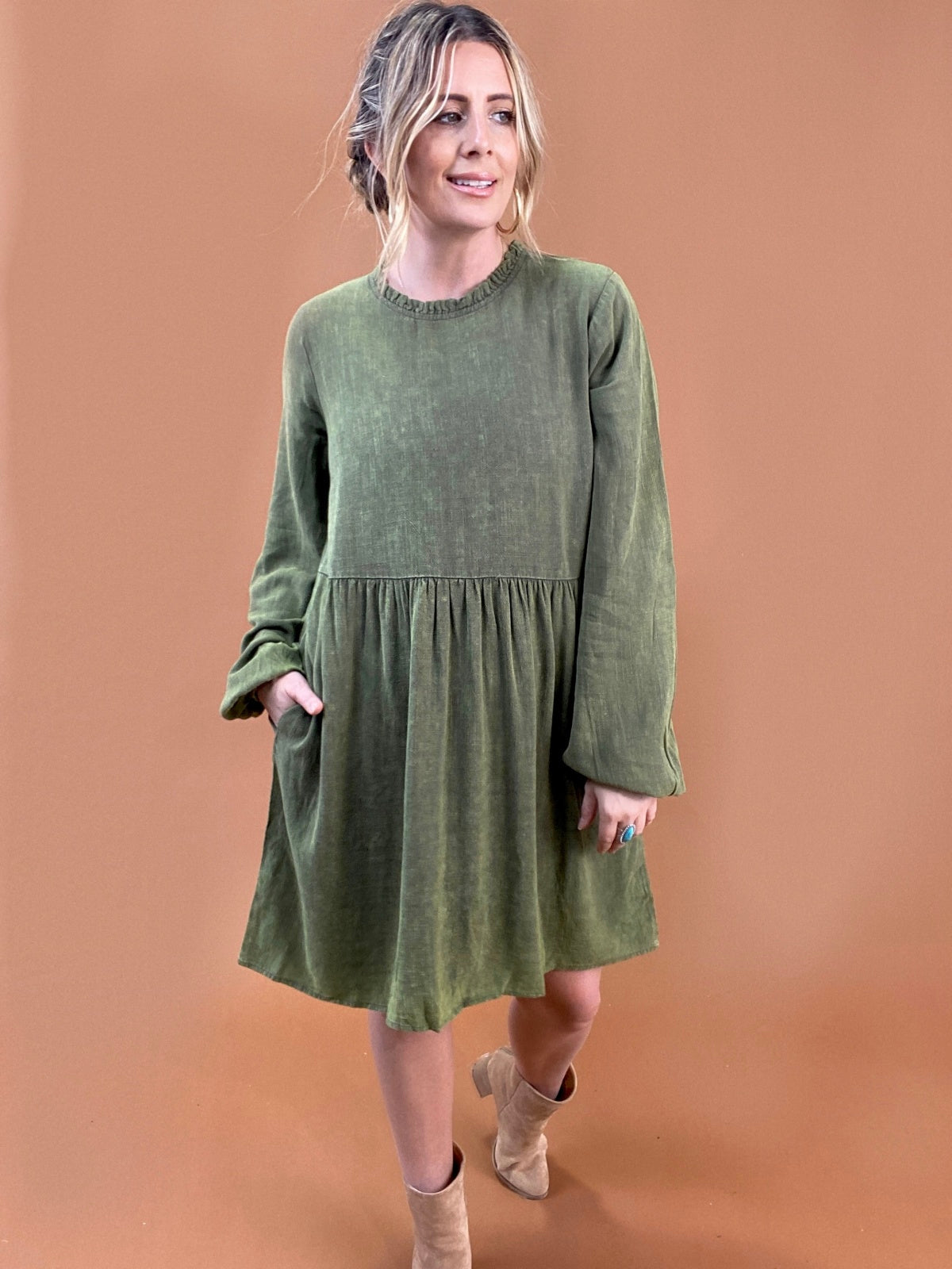Washed Babydoll Dress - Green