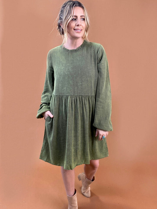 Washed Babydoll Dress - Green