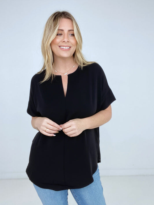 Zenana Heavy Woven Span Split Neck Short Sleeve Top