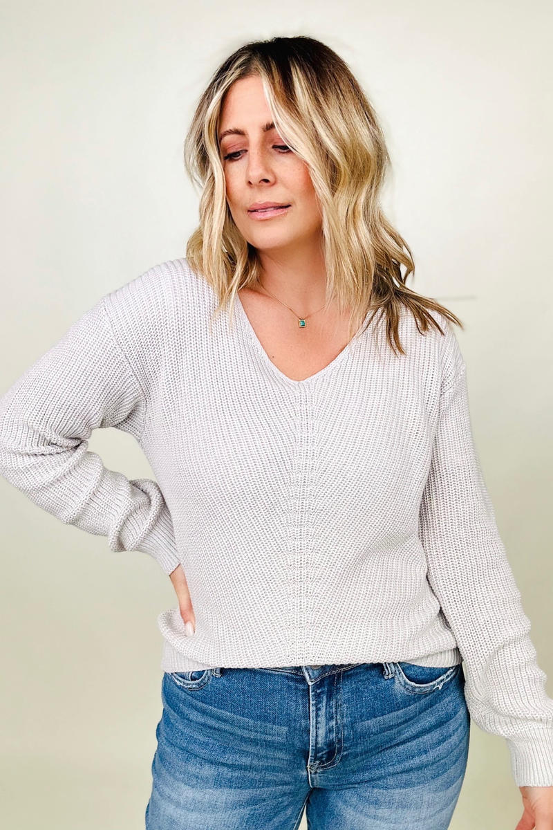 Ribbed Knit V Neck Long Sleeve Sweater