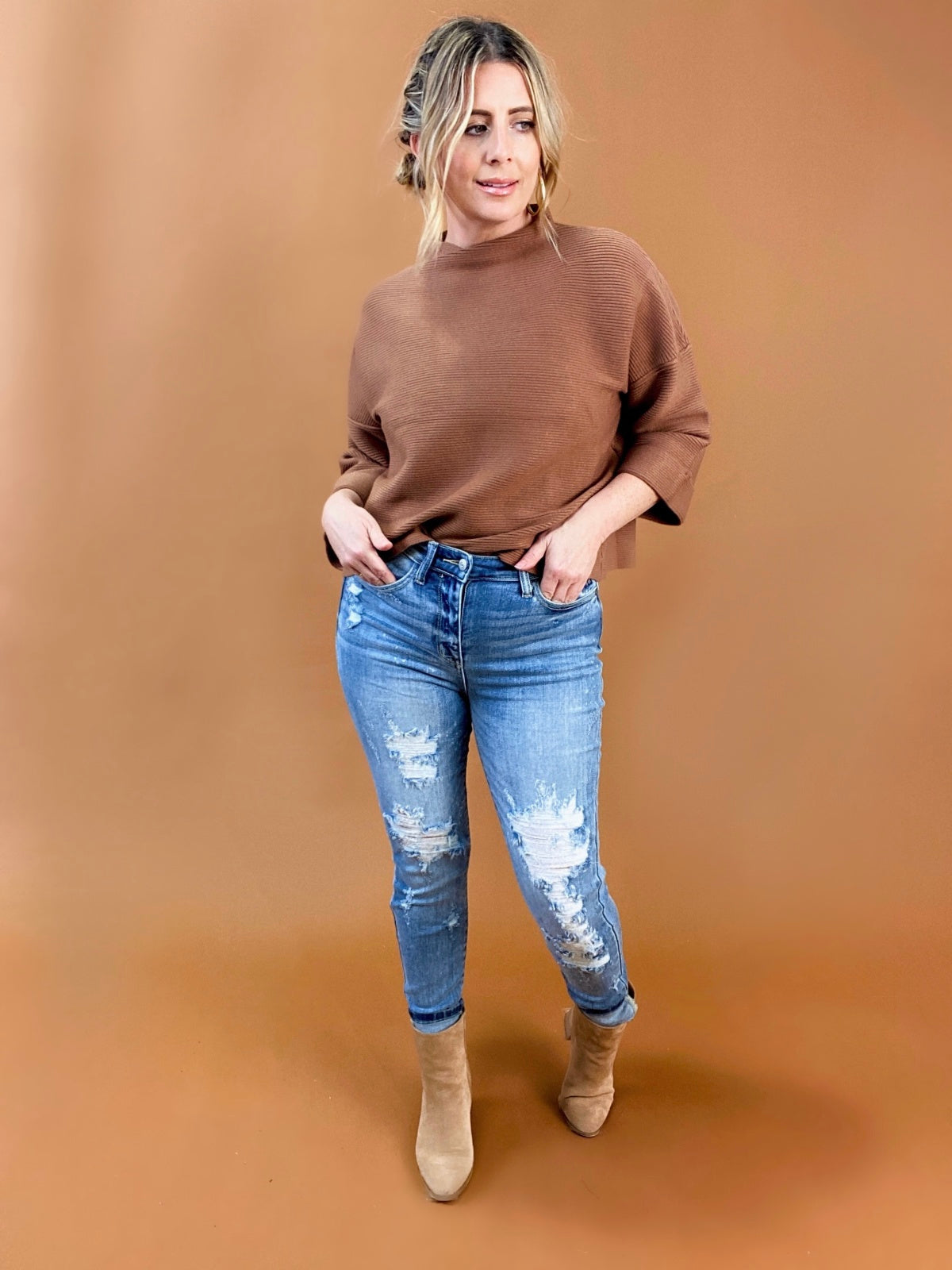 White Birch Long Cuffed Sleeve Ribbed Sweater Top