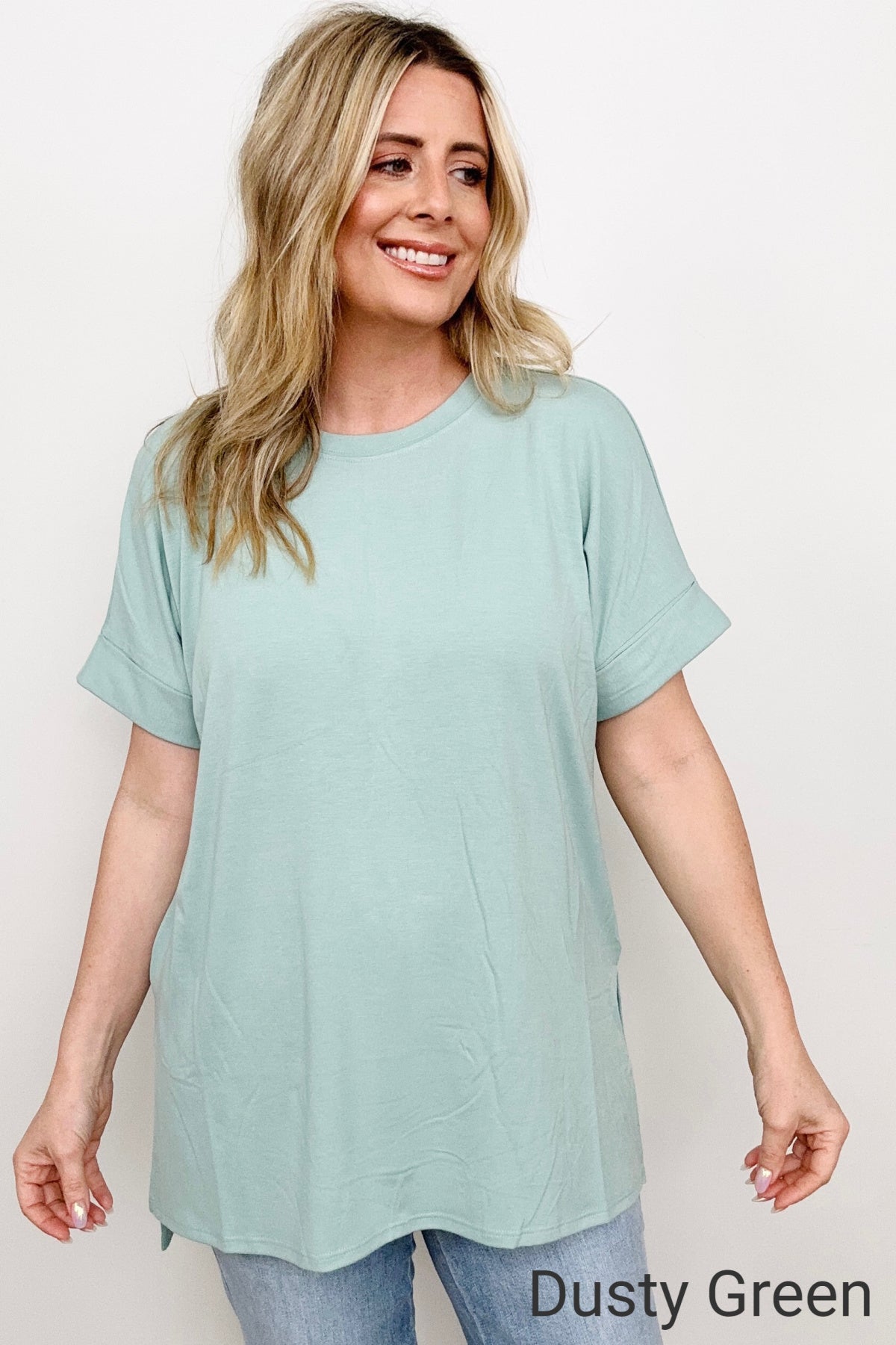 Cuffed Sleeve High-Low Hem Top