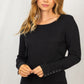 Boat Neck Long Sleeve Solid Ribbed Knit Top