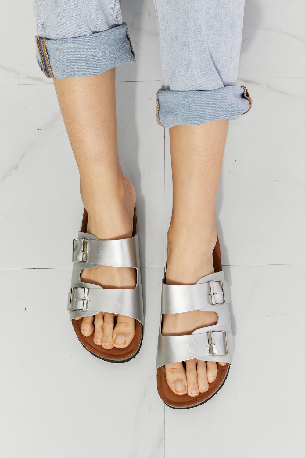 Double Buckle Sandal in Silver