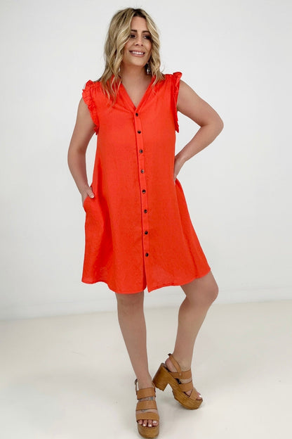 Button Down Mini Dress with Ruffle Sleeves