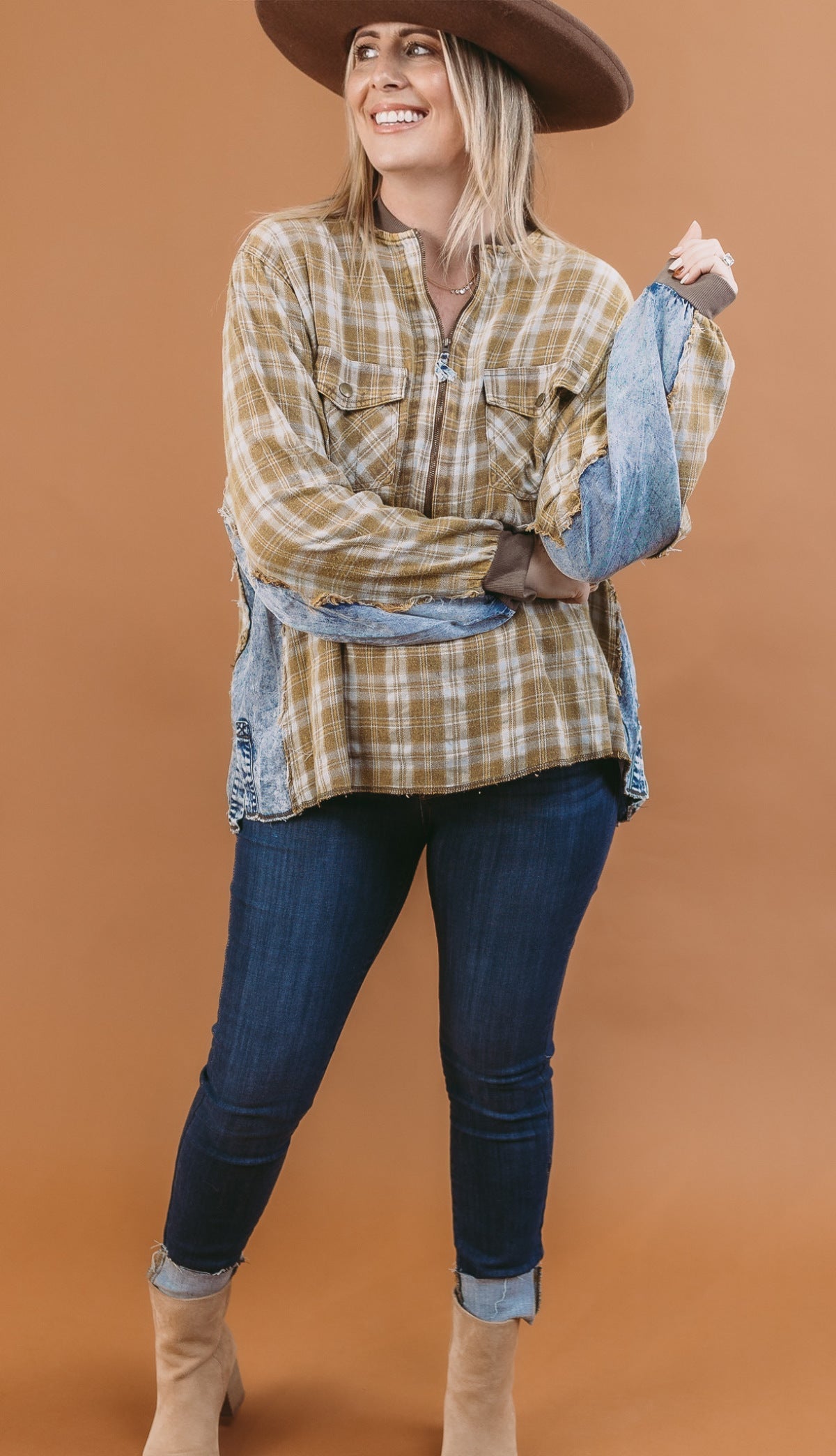 Comfy Half Zip Plaid Chambray Mixed Pullover