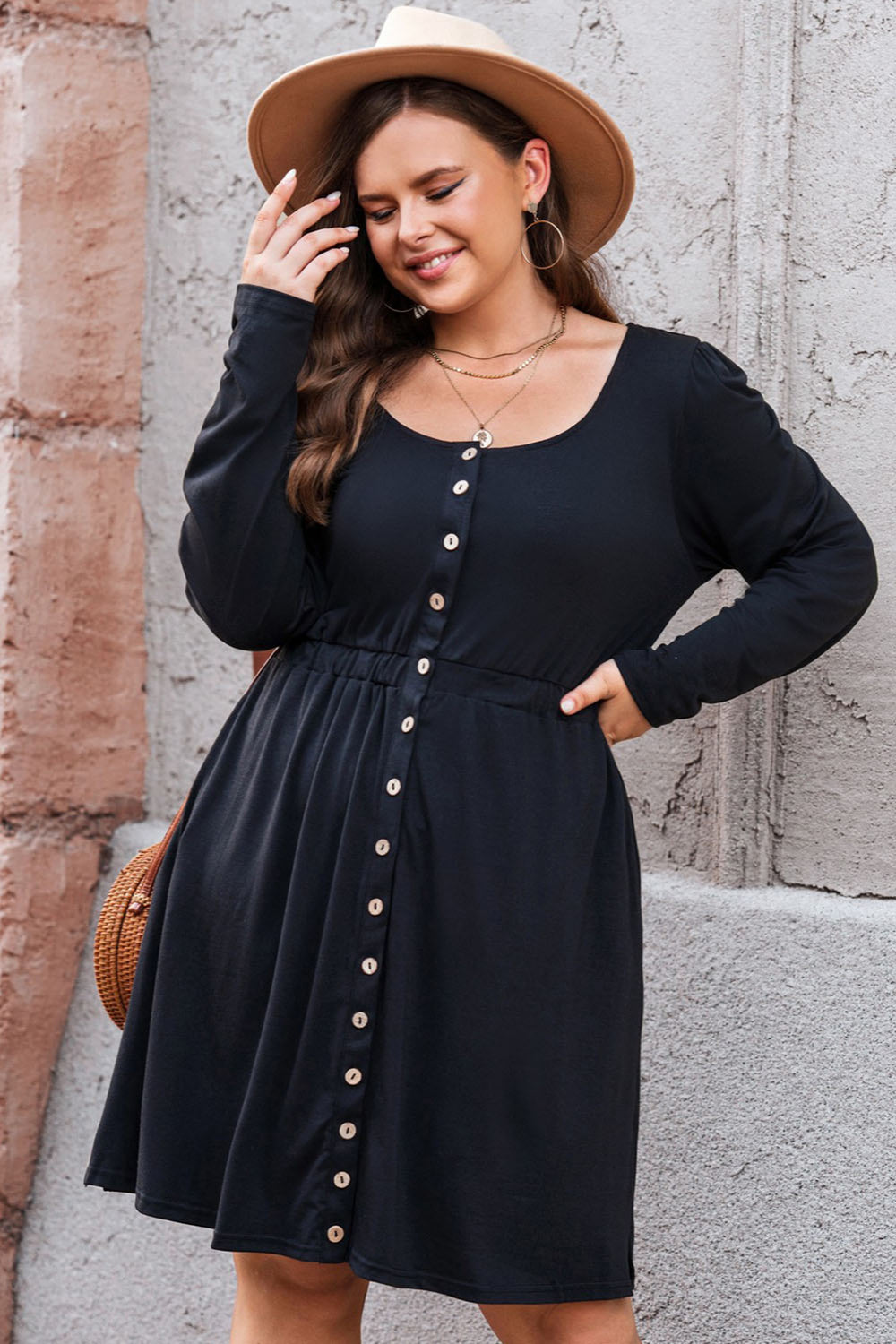 Plus Size Button Front Long Sleeve Dress - (Gray, Pink, Black and Green)