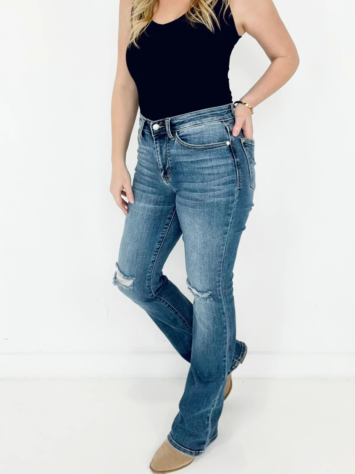 Judy Blue Mid Rise w/ Pocket Tooling & Knee Destroy Bootcut Jeans