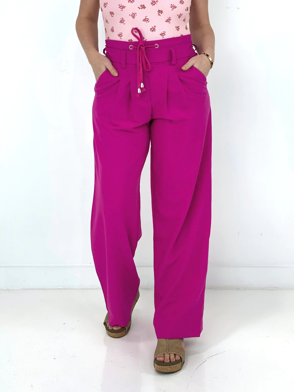 Pink High Waist Woven Wide Leg Pants