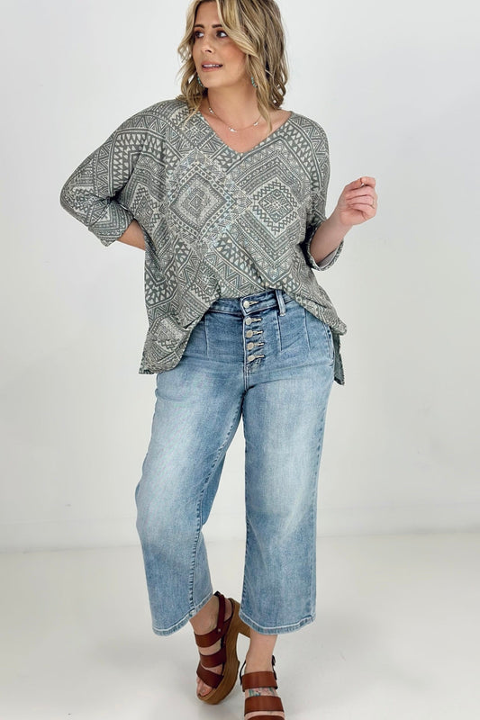 Aztec Print French Terry V Neck Top