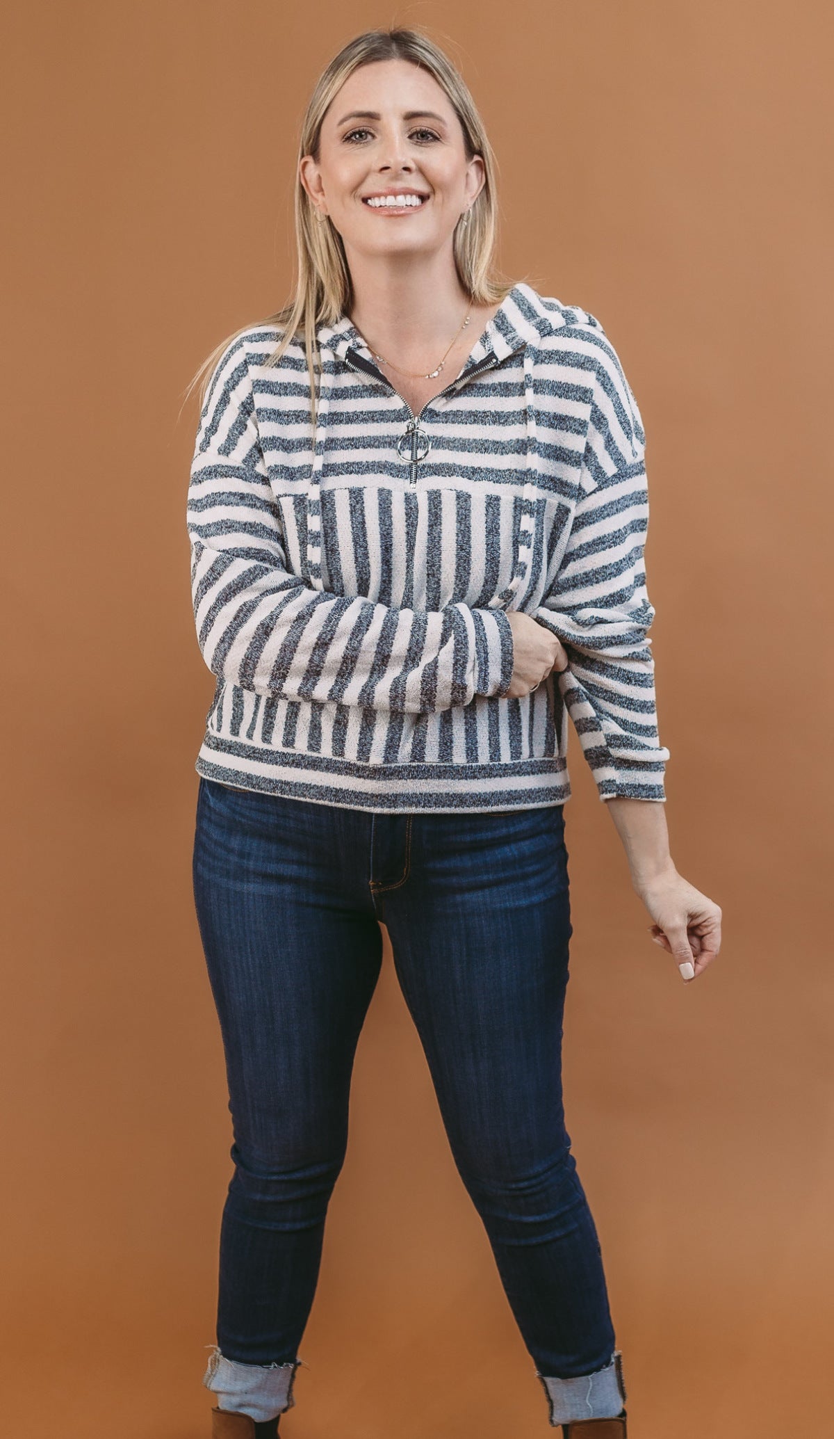 Stripe Long Sleeve Hooded Knit Top