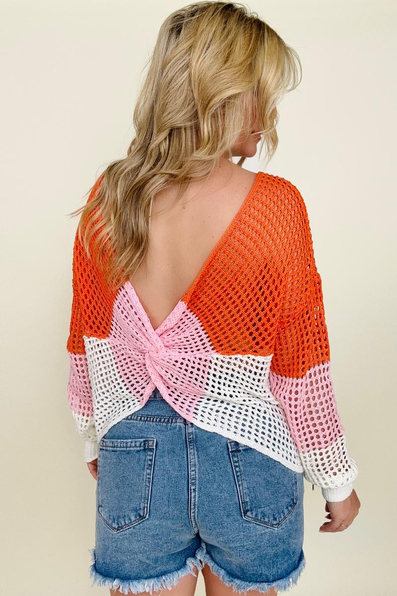 Crochet Colorblock Long Sleeve Twisted Back Top