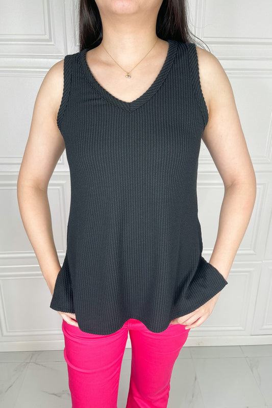 Chance of Sun Ribbed V-Neck Tank - Black