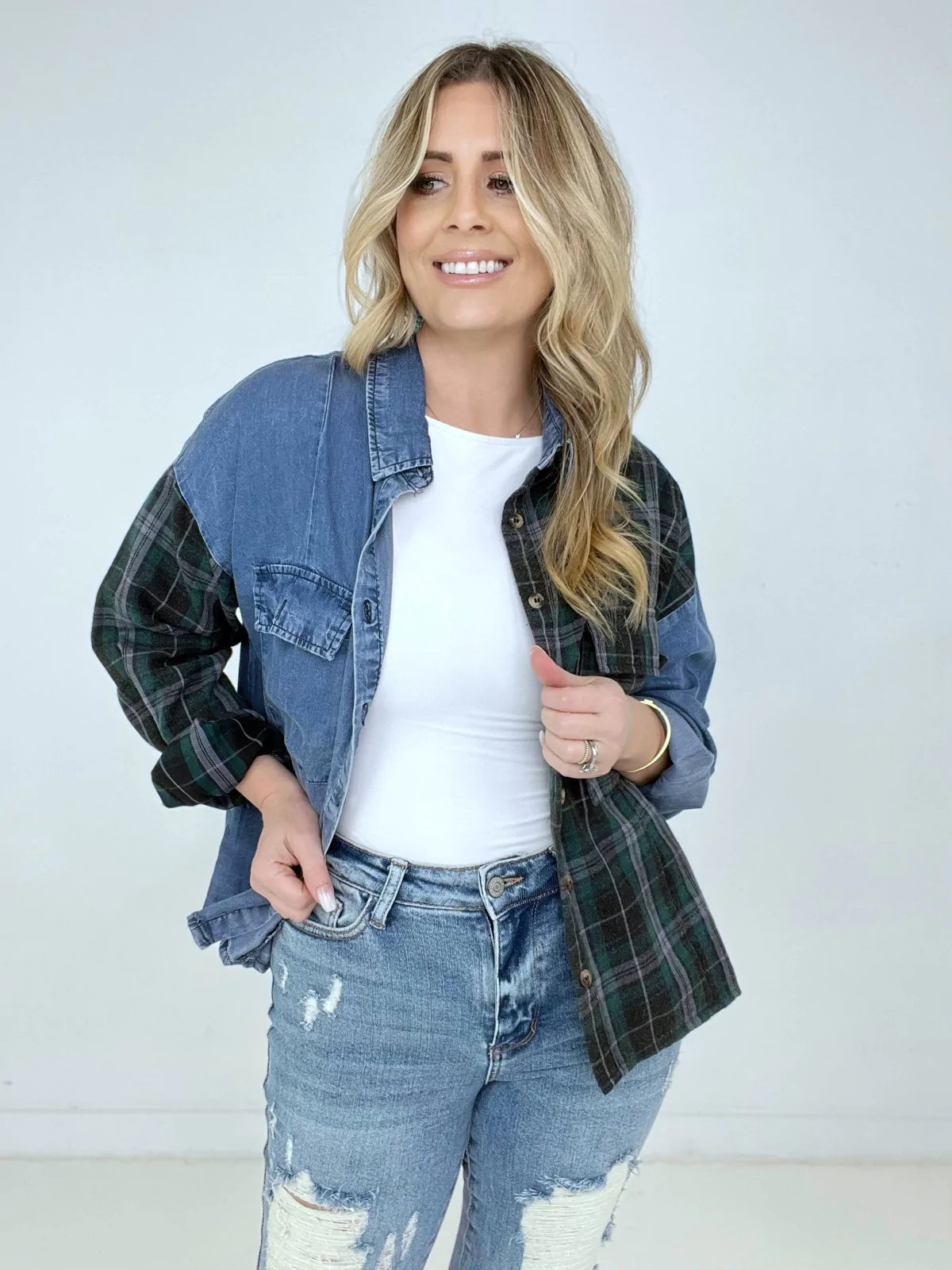 Washed Plaid Denim Shirt with Flap Pockets