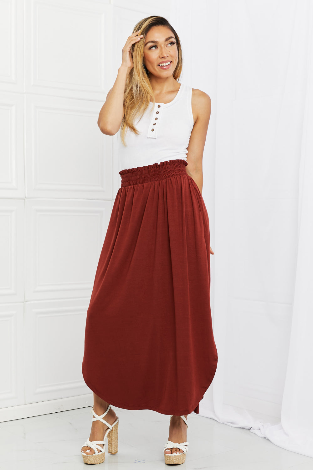 It's My Time Side Scoop Scrunch Skirt - Dark Rust