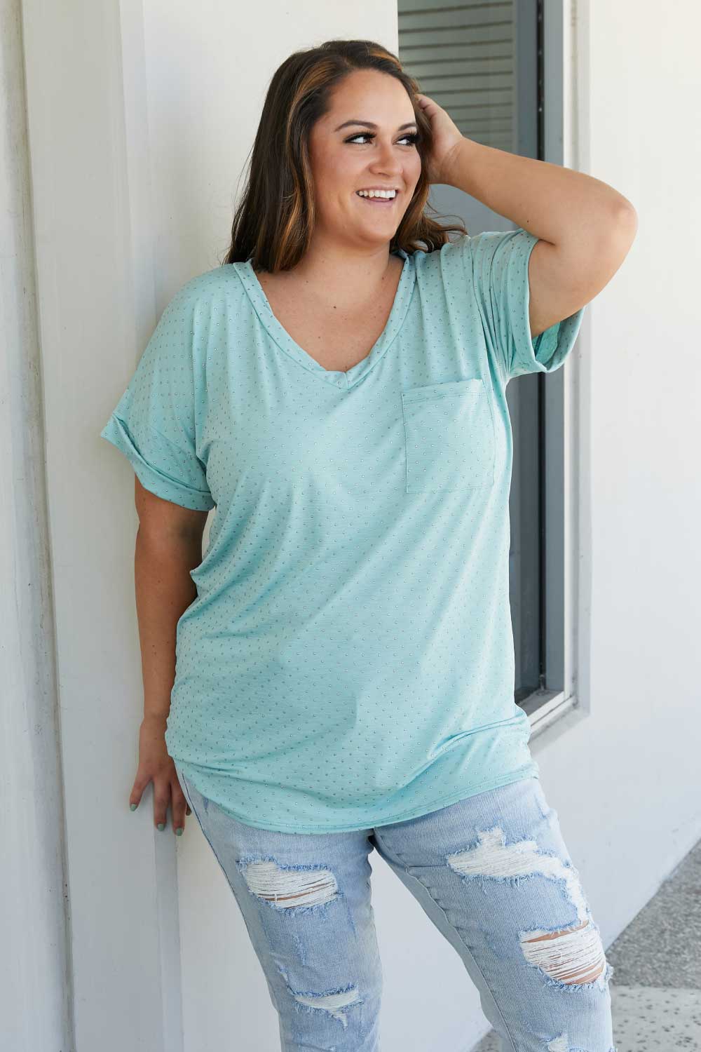 SIZE XL Pocketful of Basics Polka Dot Tee in Sage