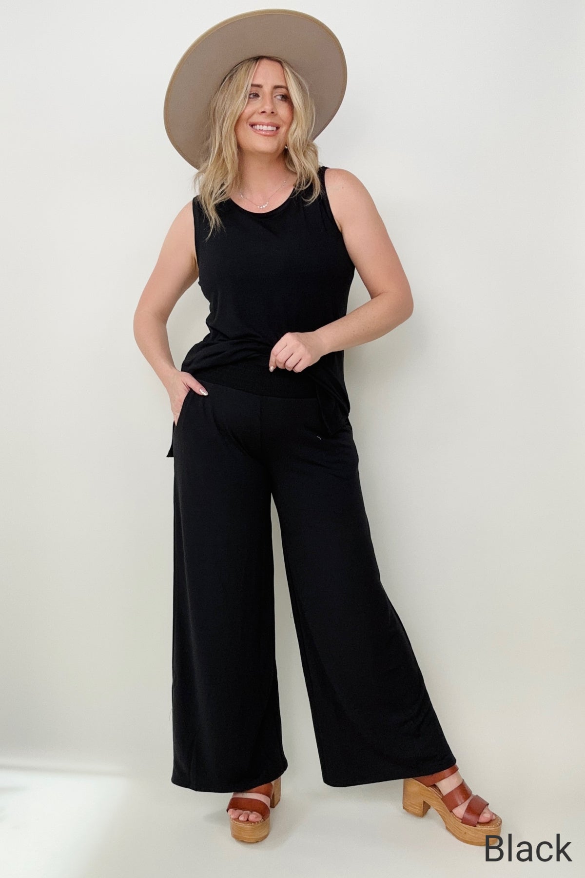 Smocked Waistband Wide Leg Pants - 2 colors