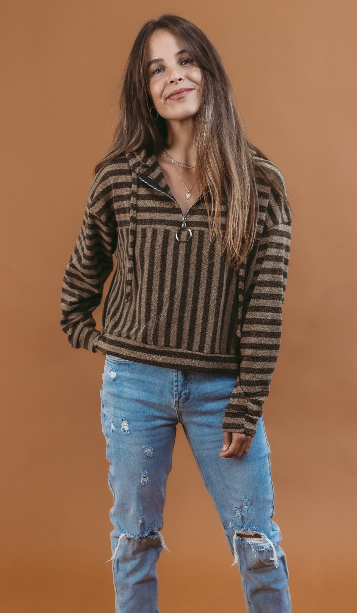 Stripe Long Sleeve Hooded Knit Top