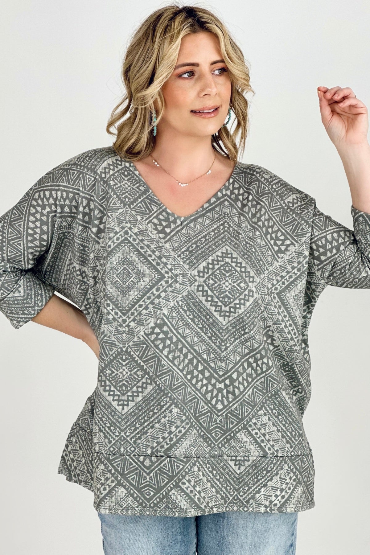 Aztec Print French Terry V Neck Top