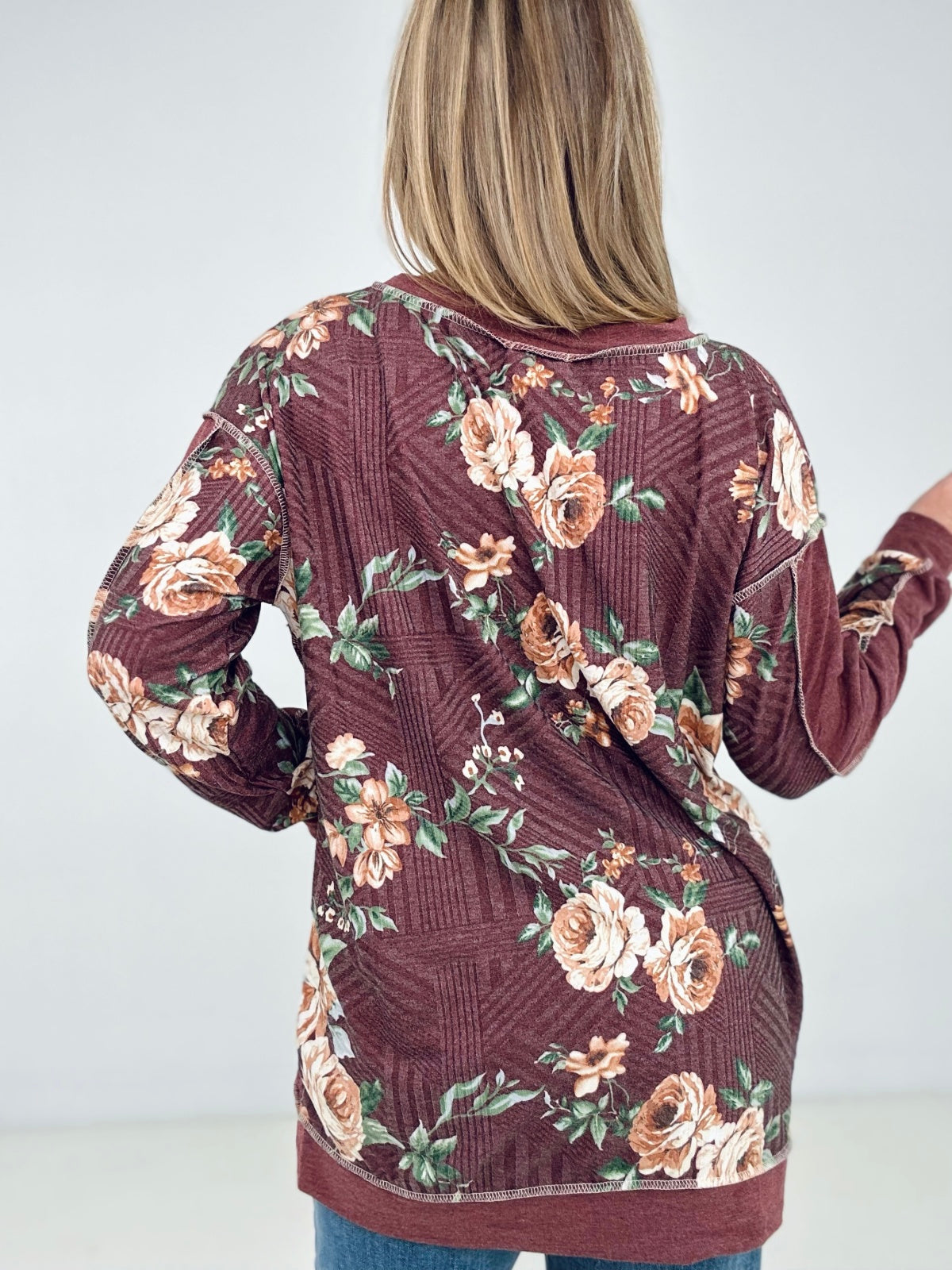 Floral Print Jacquard Knit Sweatshirt With Cut Edge