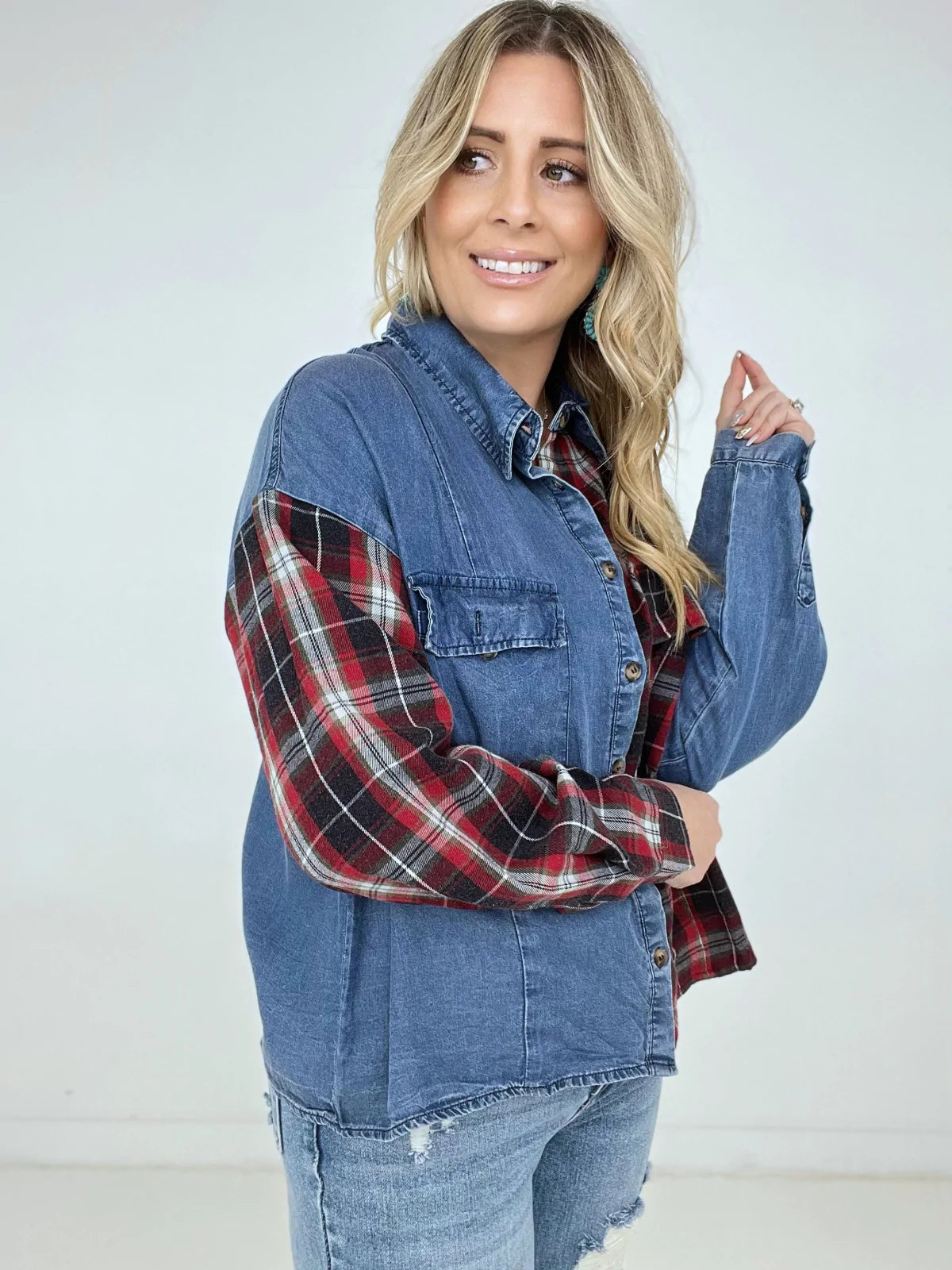 Washed Plaid Denim Shirt with Flap Pockets