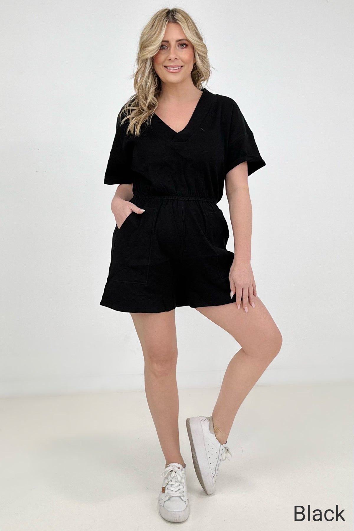 Drop Shoulder V-Neck Romper With Pockets