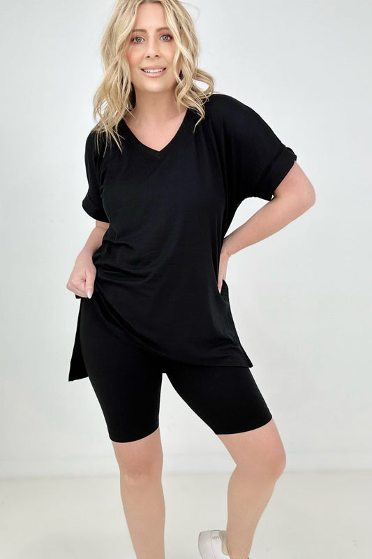 Microfiber V-Neck Top & Biker Shorts Set - Black