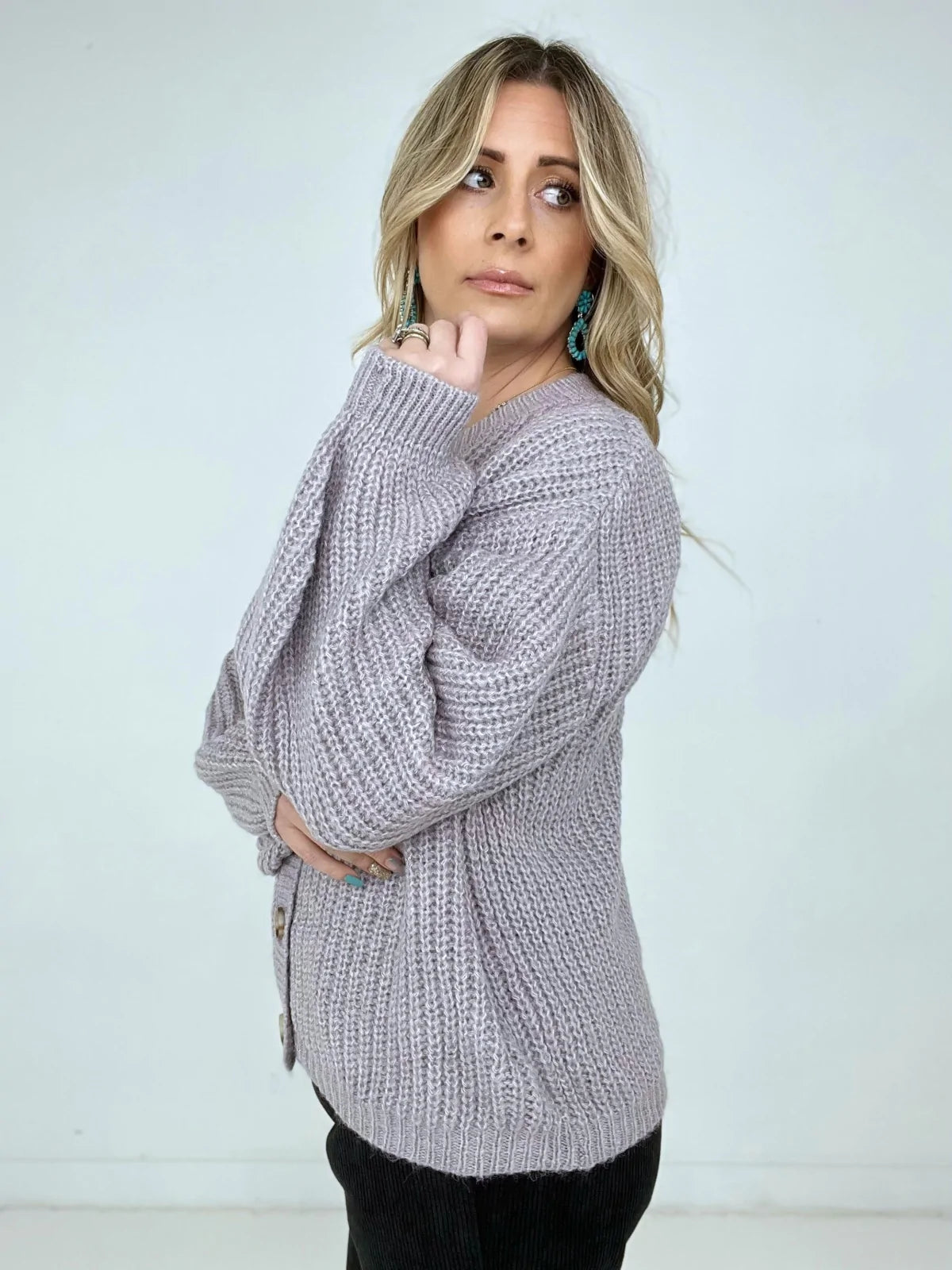 Solid Balloon Sleeve Button Front Cardigan