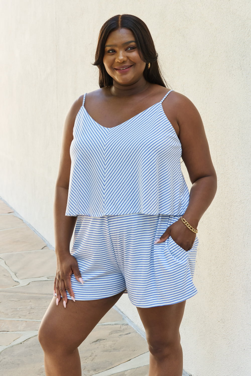Let It Happen Striped Romper in Cobalt Blue