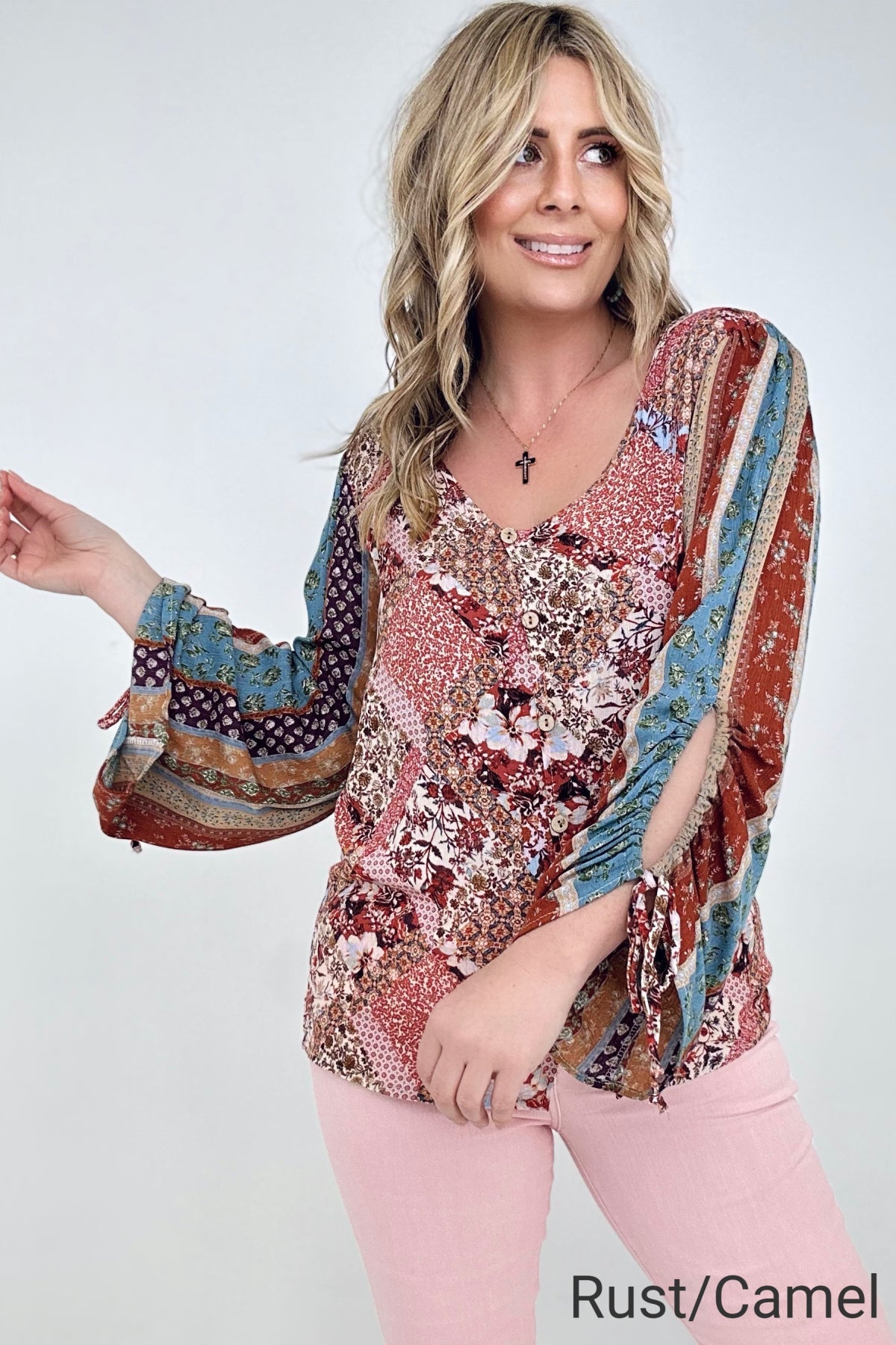 Floral Print Woven W/Stripe Ruched Sleeves Top