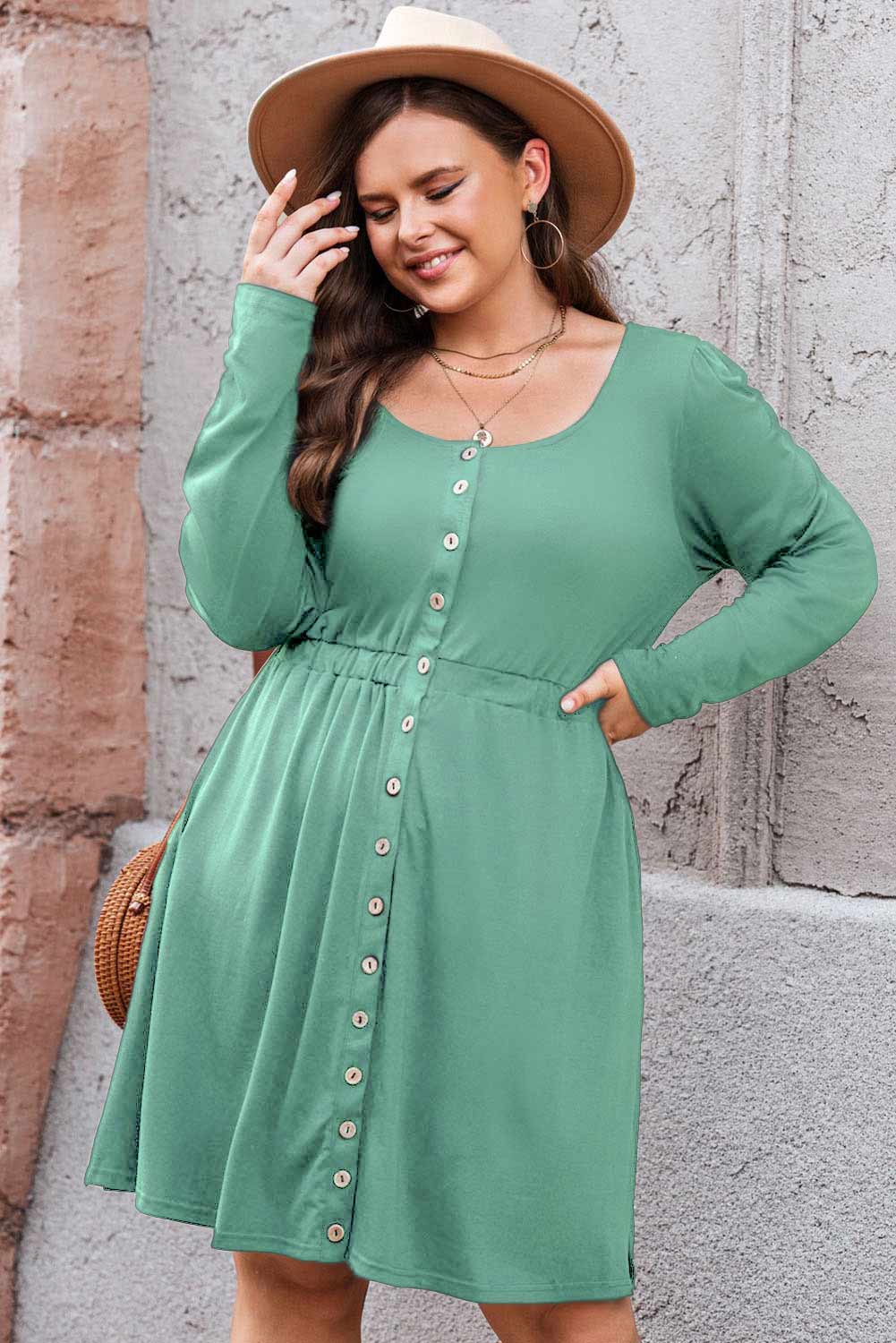 Plus Size Button Front Long Sleeve Dress - (Gray, Pink, Black and Green)