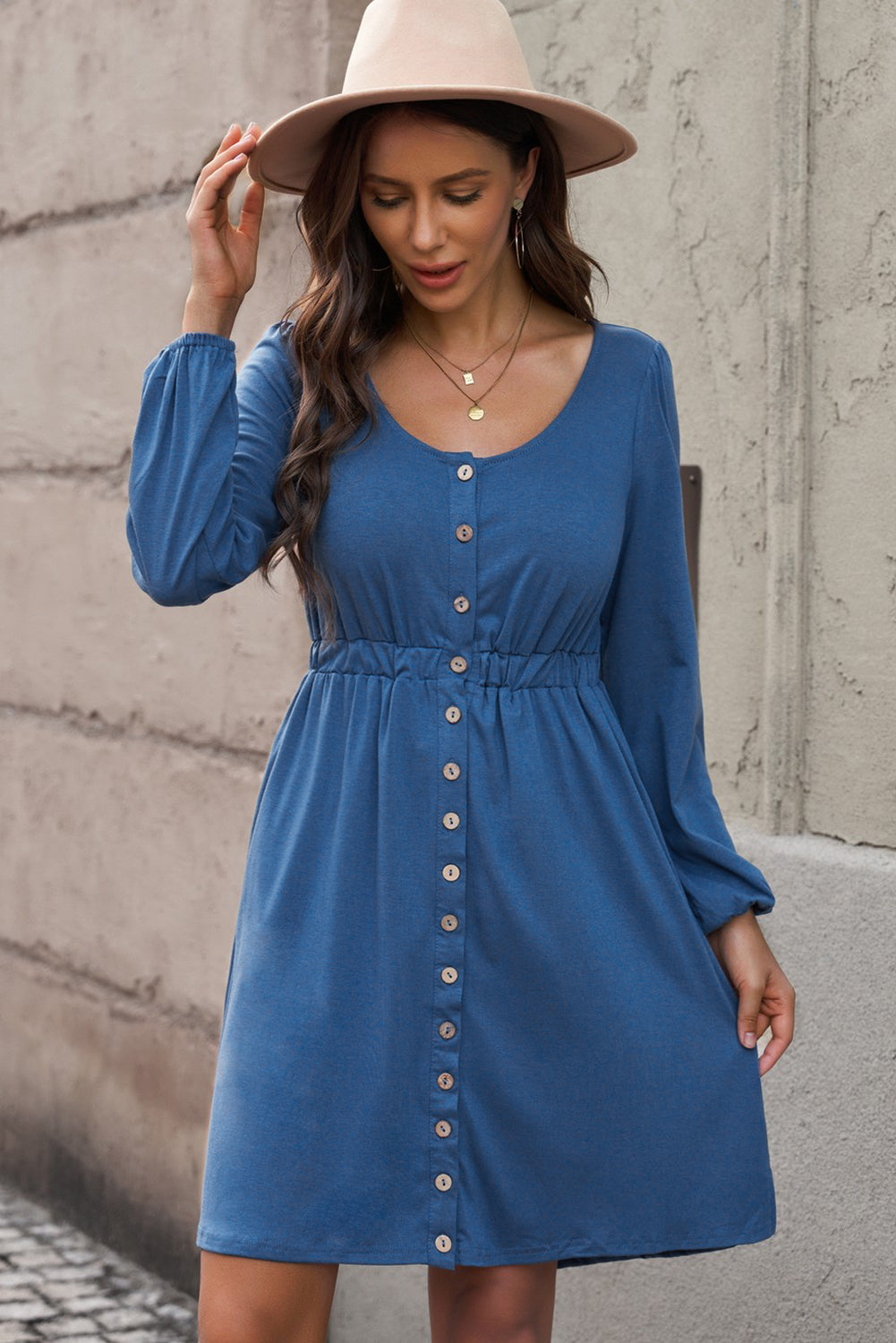 Scoop Neck Button Front Dress - (Black, Green, Gray and Blue)