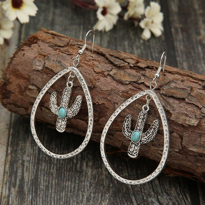 Retro Teardrop-Shaped Hollow Turquoise Cactus Drop Earrings