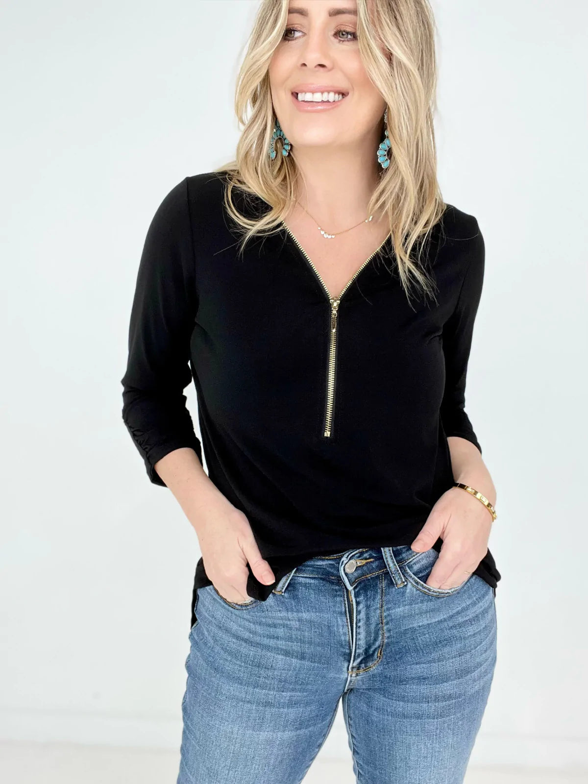 Front Zip-Up 3/4 Sleeve Top
