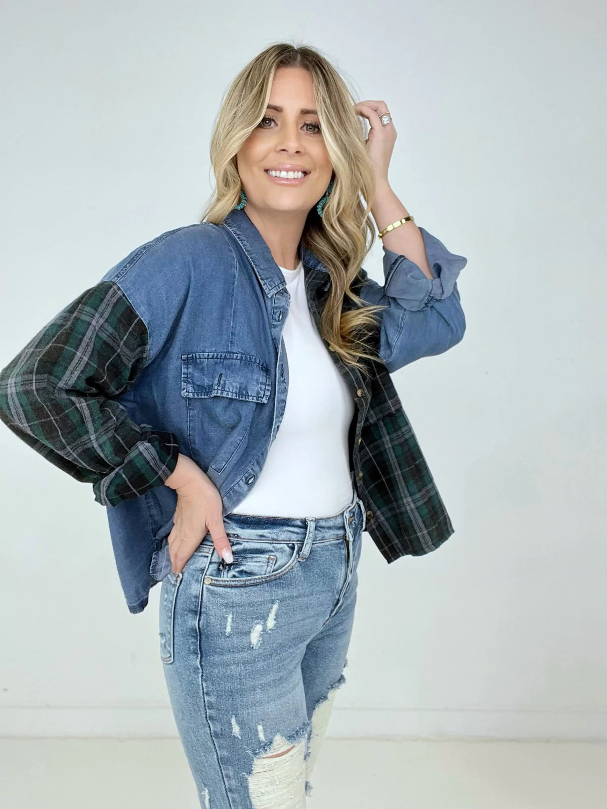 Washed Plaid Denim Shirt with Flap Pockets