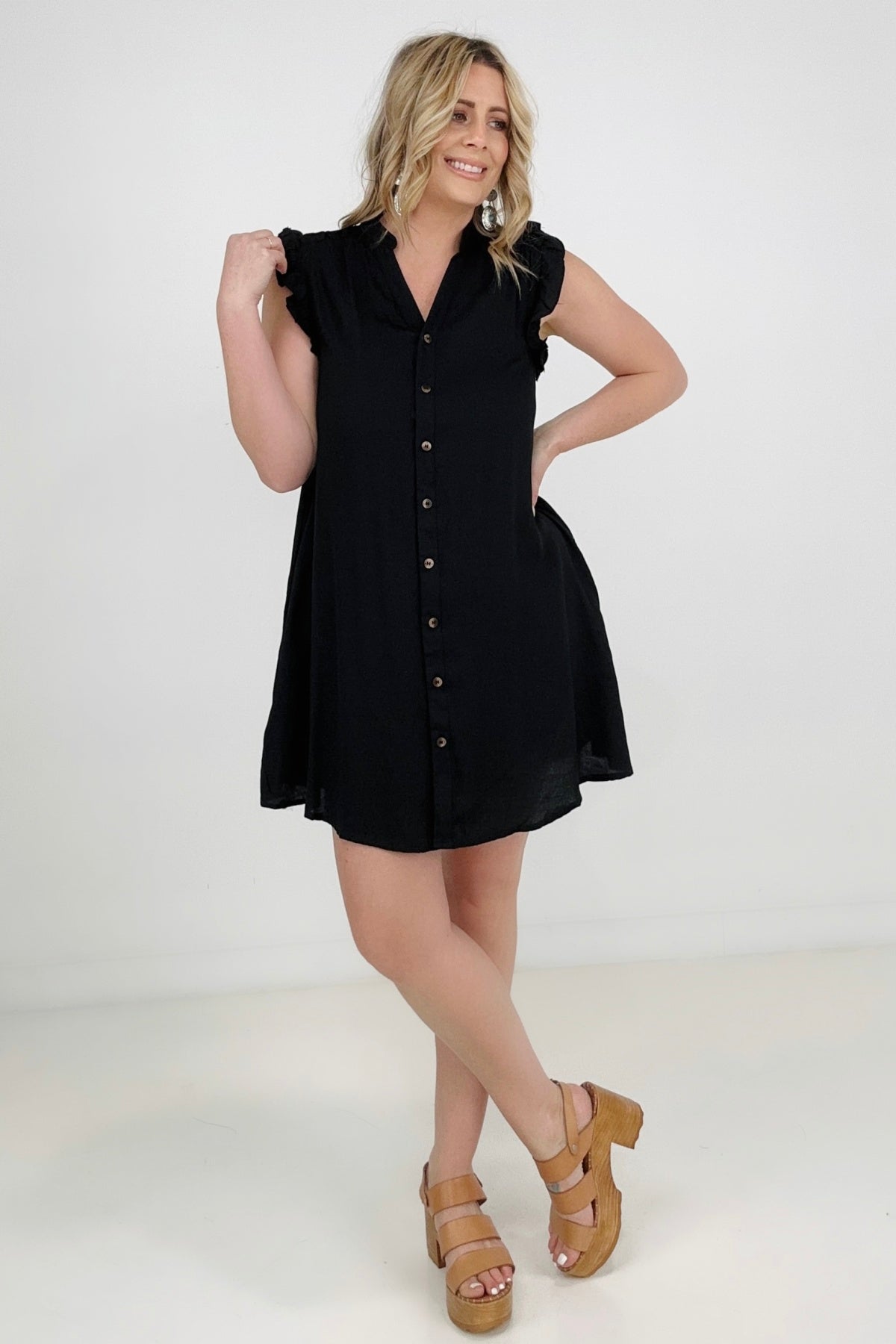 Button Down Mini Dress with Ruffle Sleeves