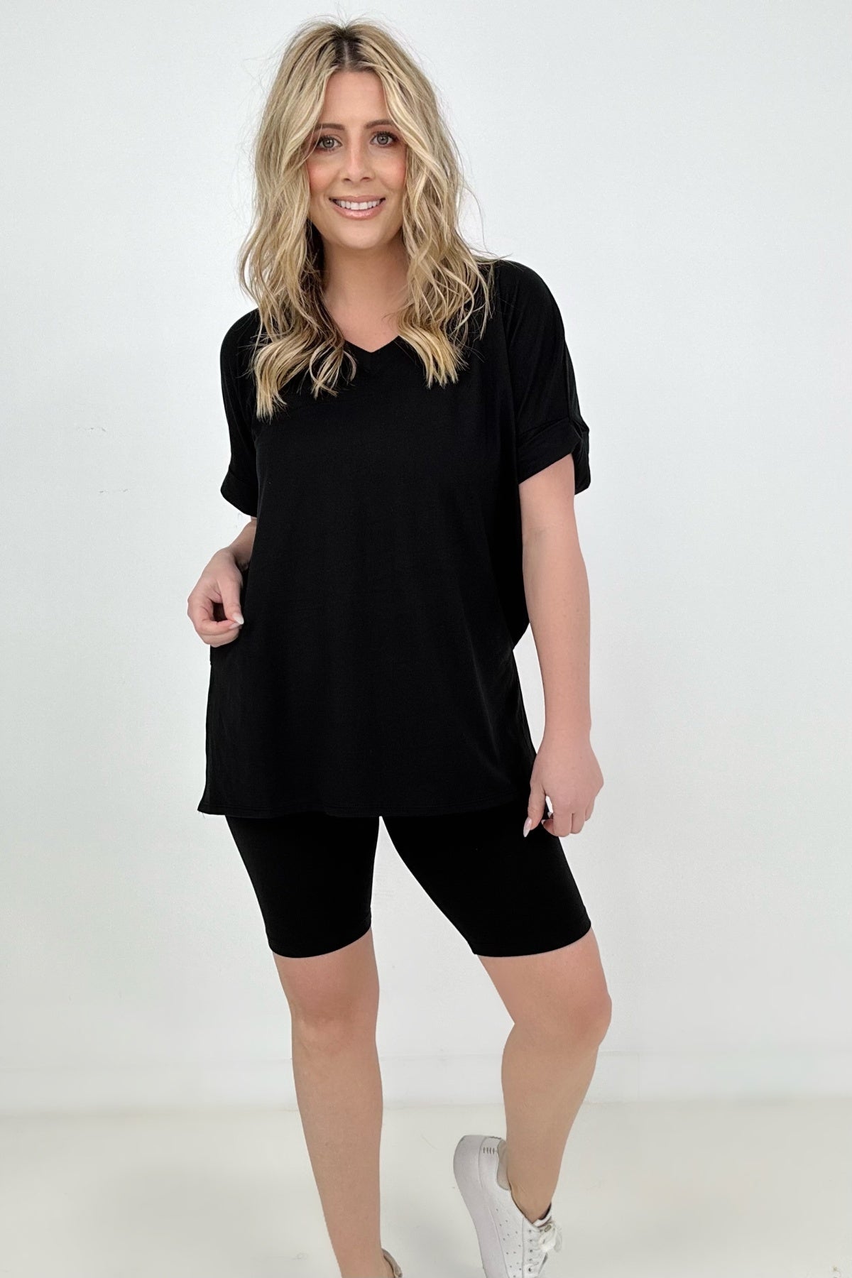 Microfiber V-Neck Top & Biker Shorts Set - Black
