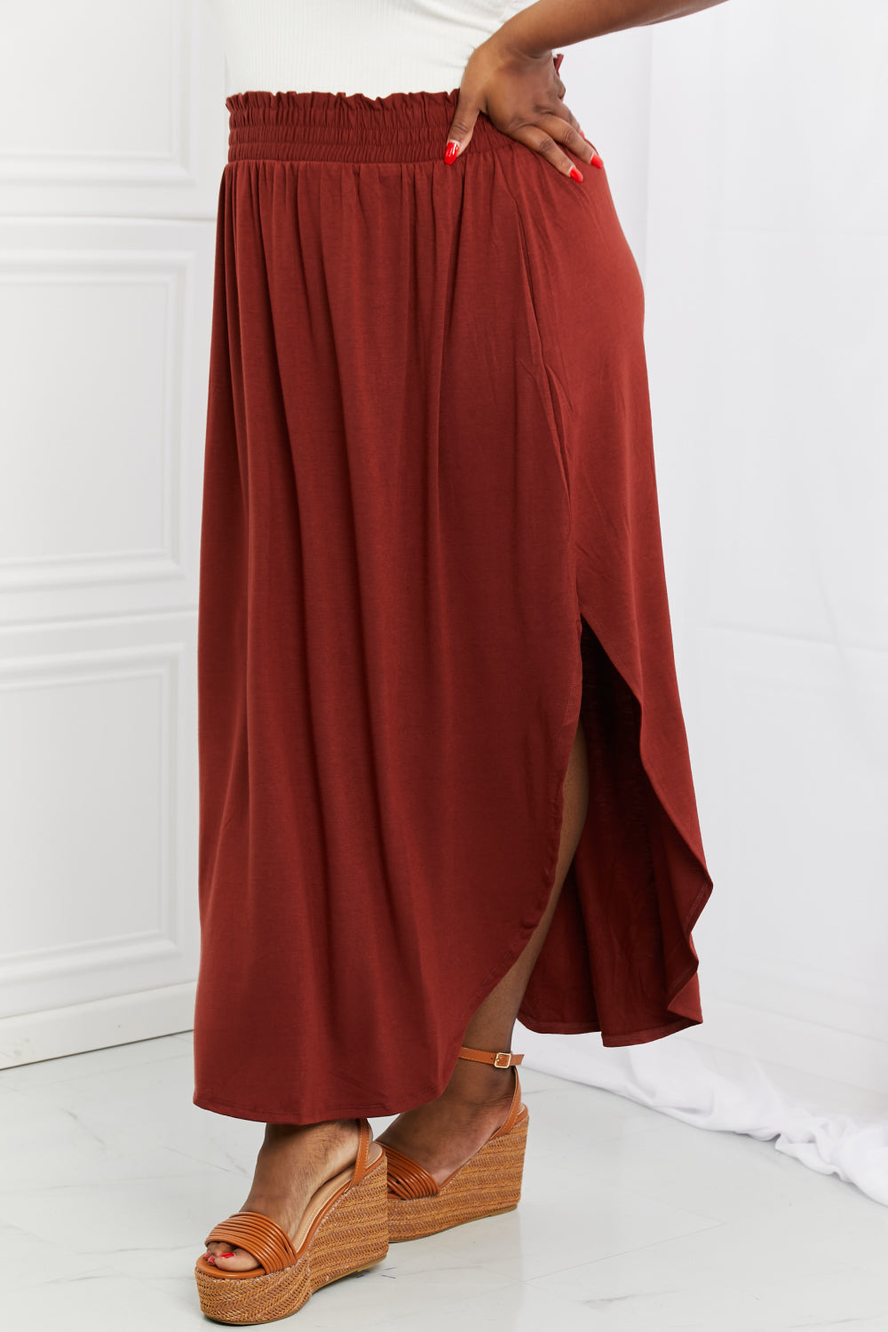 It's My Time Side Scoop Scrunch Skirt - Dark Rust