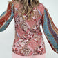 Floral Print Woven W/Stripe Ruched Sleeves Top