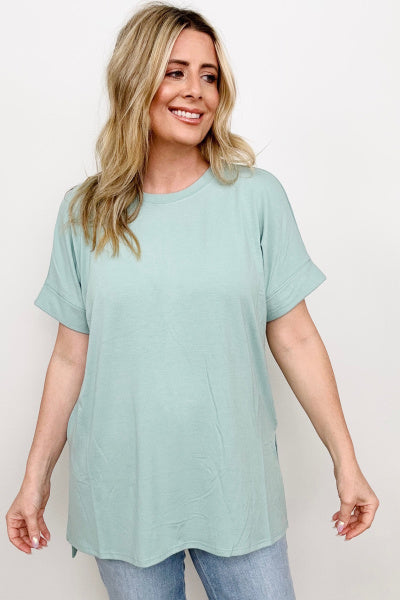 Cuffed Sleeve High-Low Hem Top